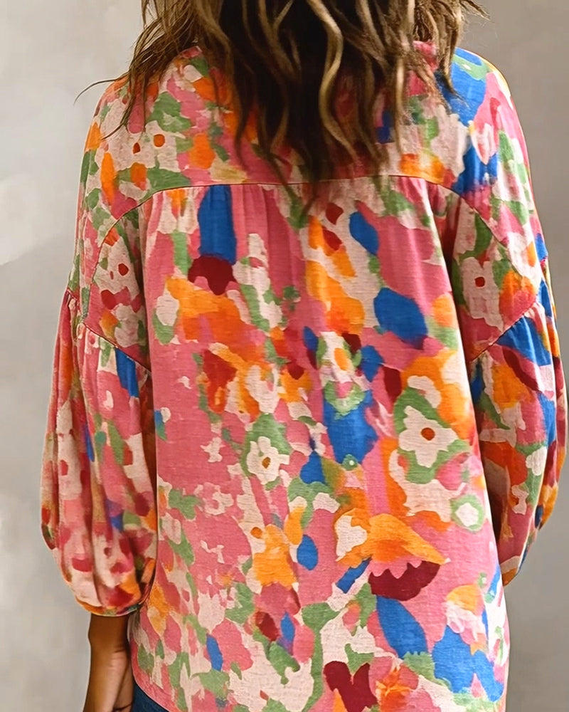 Colorful Printed Lantern Sleeve Fringe Blouse