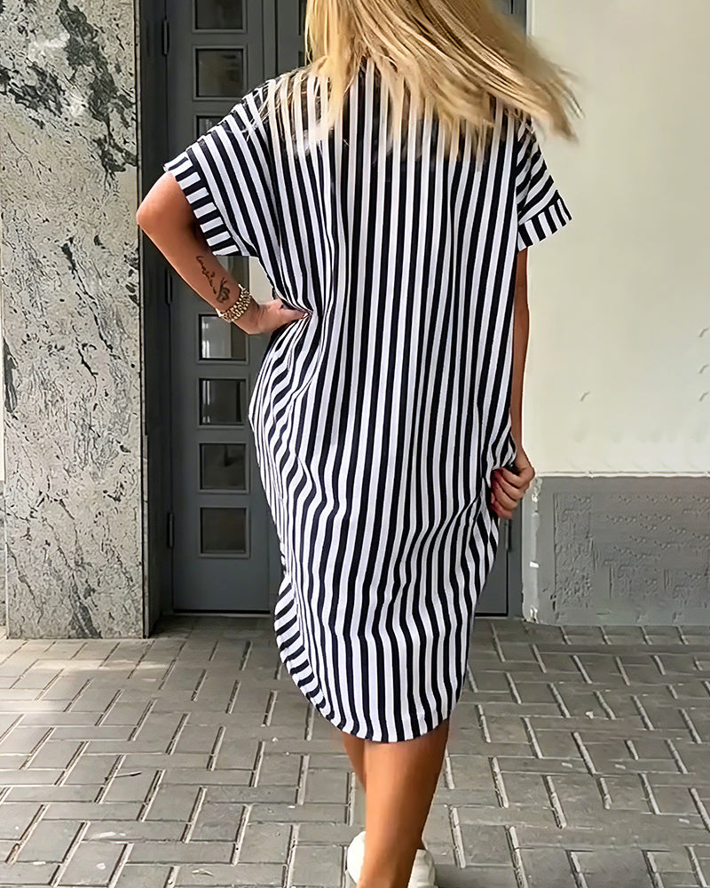 Lapel Neck Stripe Irregular Hem Dress