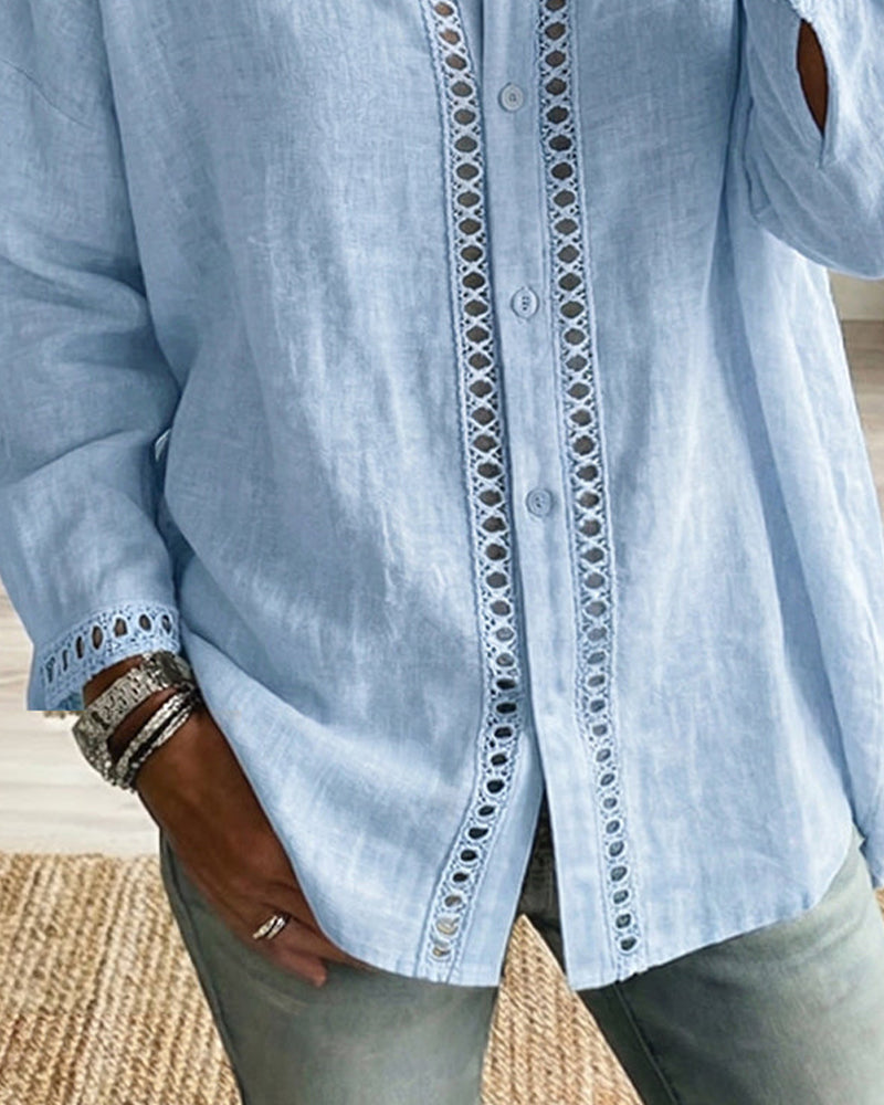 Hollow Out Lace Patchwork Lapel Shirt
