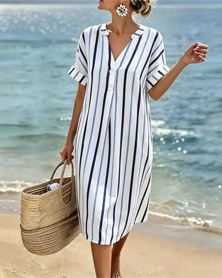 V-Neck Striped Short-Sleeved Dress