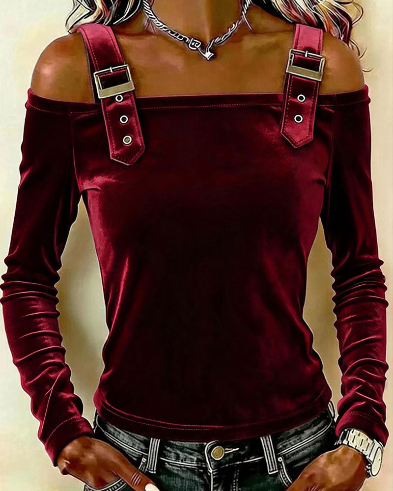Velvet Off-Shoulder Long Sleeve Top