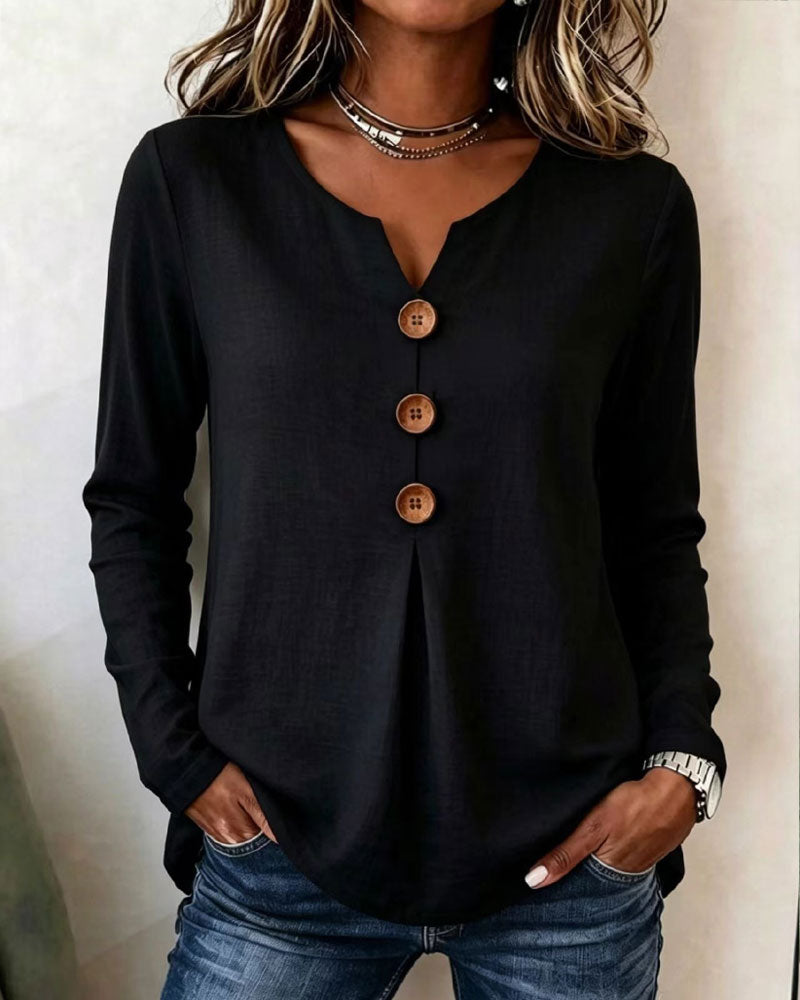 Solid Color V-Neck Buttoned Smocked Top
