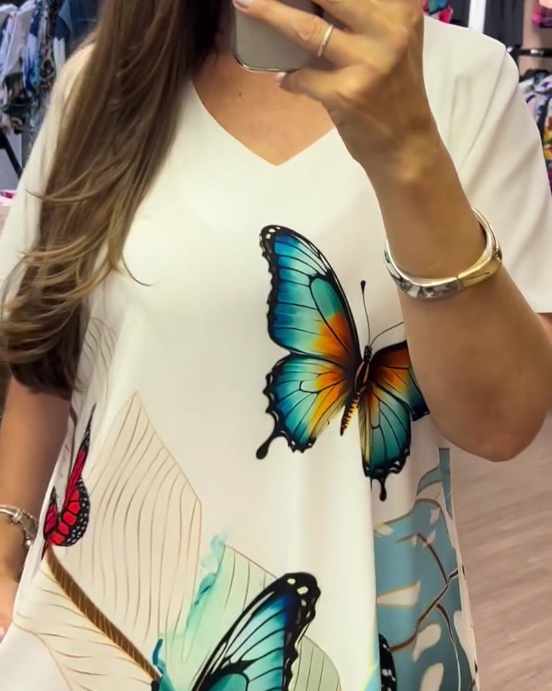 V-Neck Butterfly Print Long Dress