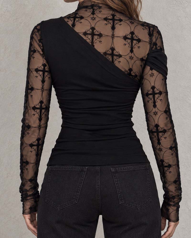 High Neck One-Shoulder Layered Mesh Fitted Top