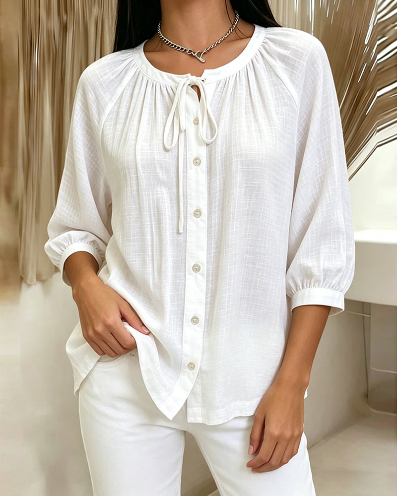 Round Neck Solid Color Blouse