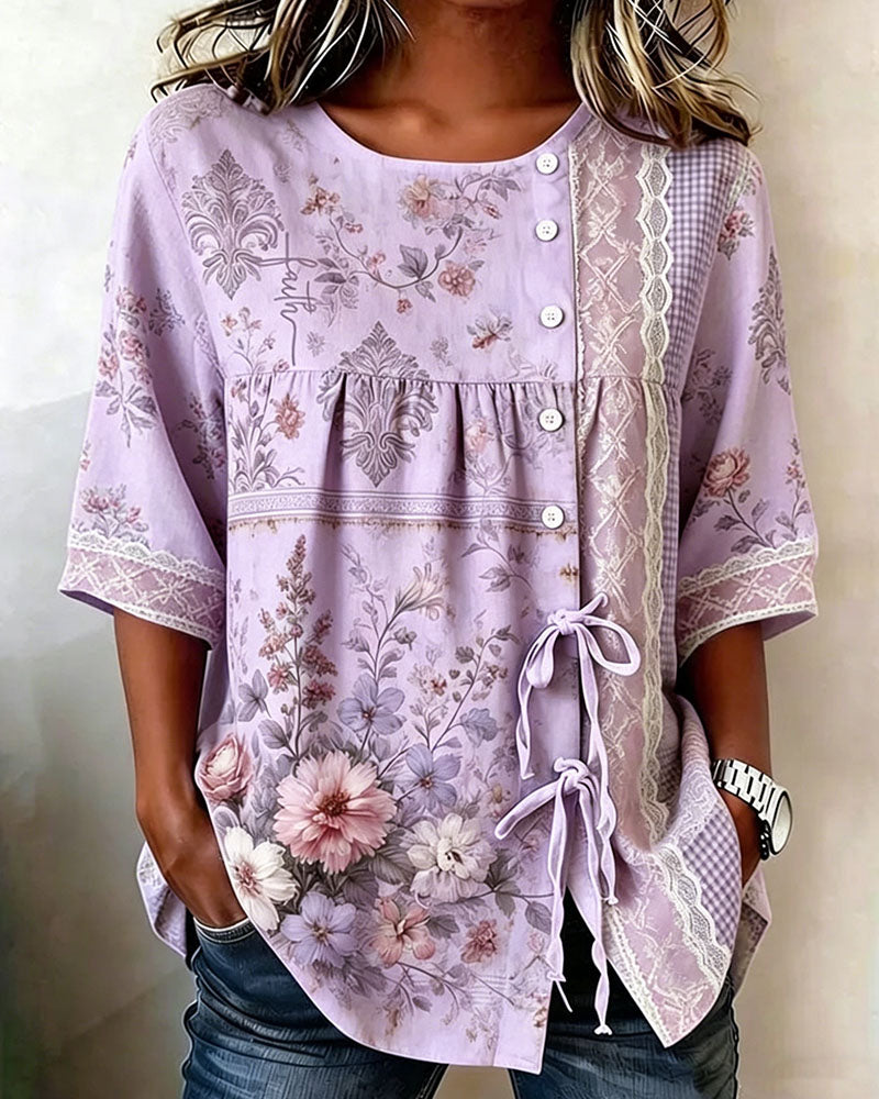 Retro Floral Print Casual Blouse