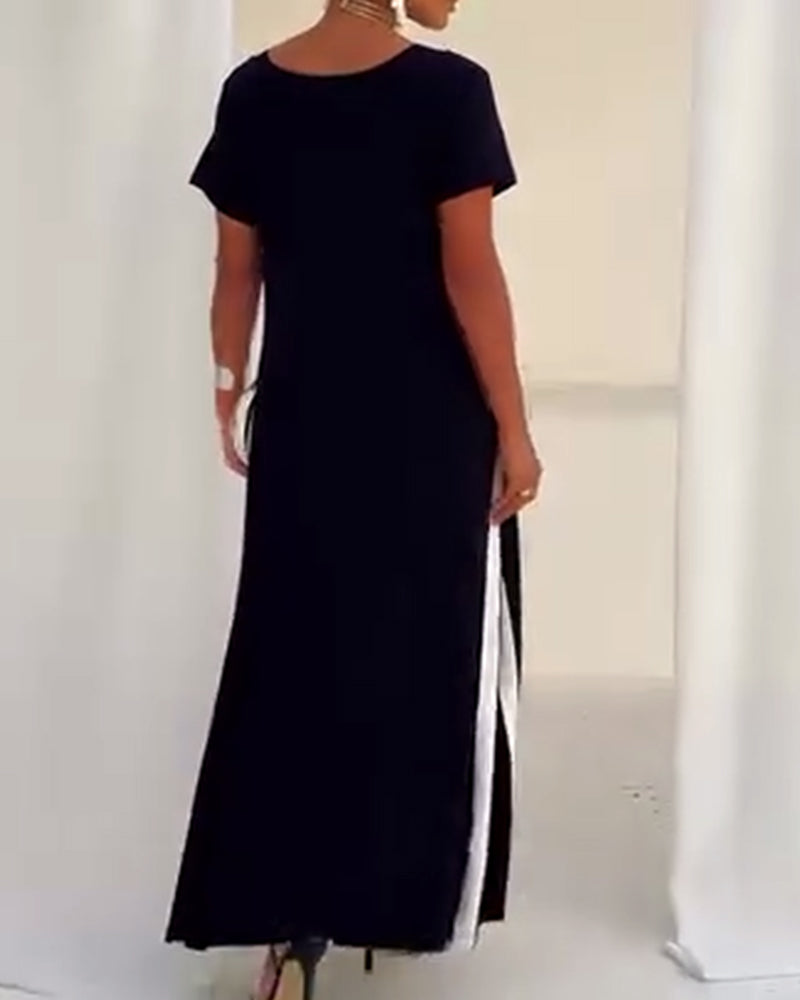 Temperament V-Neck Contrast Color Dress