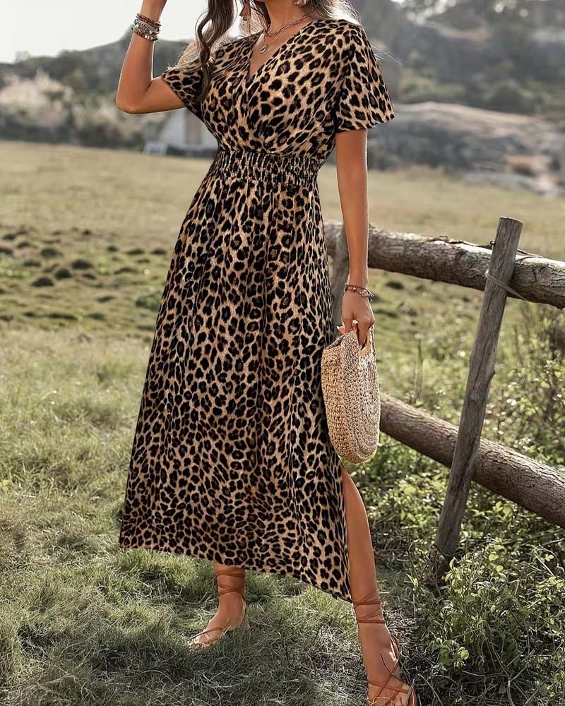Leopard V-Neck Elastic Waist A-Line Dress