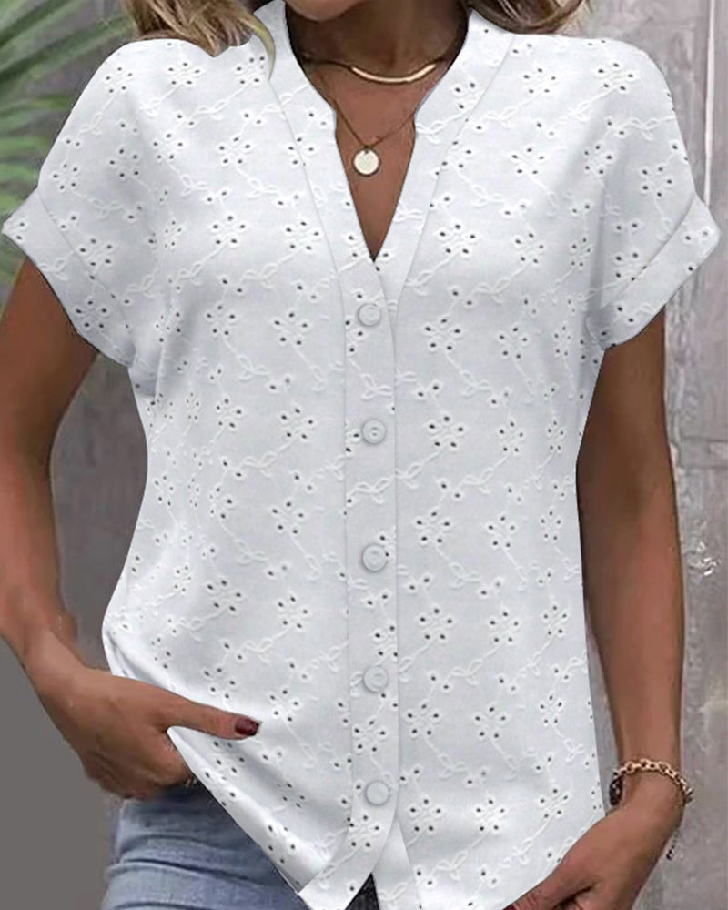 Stand Collar Lace Hollow Button Shirt