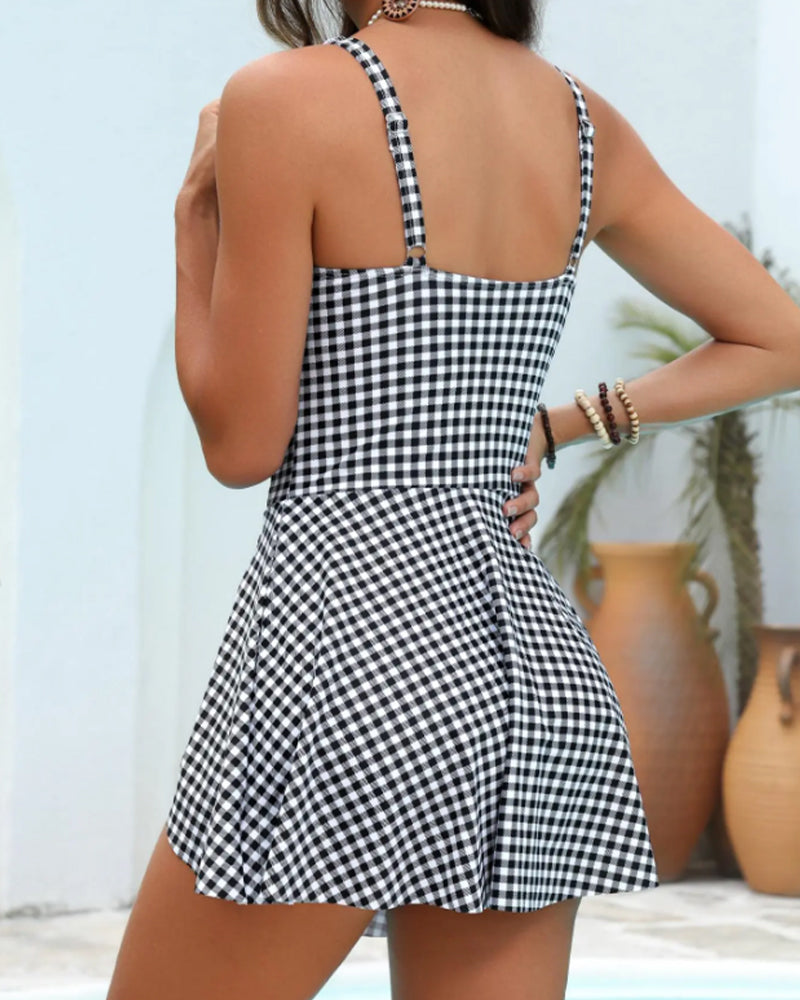 Checkered Halter Dress Bow One Piece