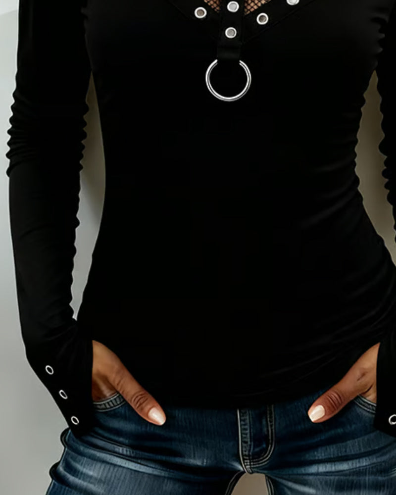 Crew Neck Lace Panel Cutout Metal Ring Blouse