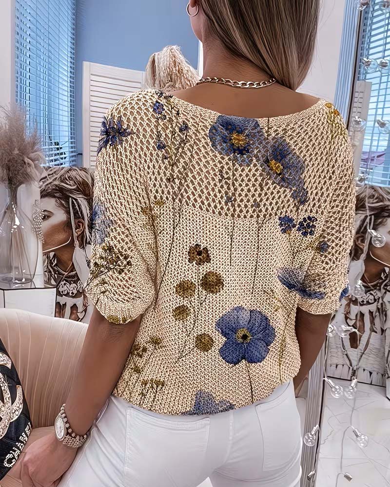 Crew Neck Floral Hollow Out Loose Pullover
