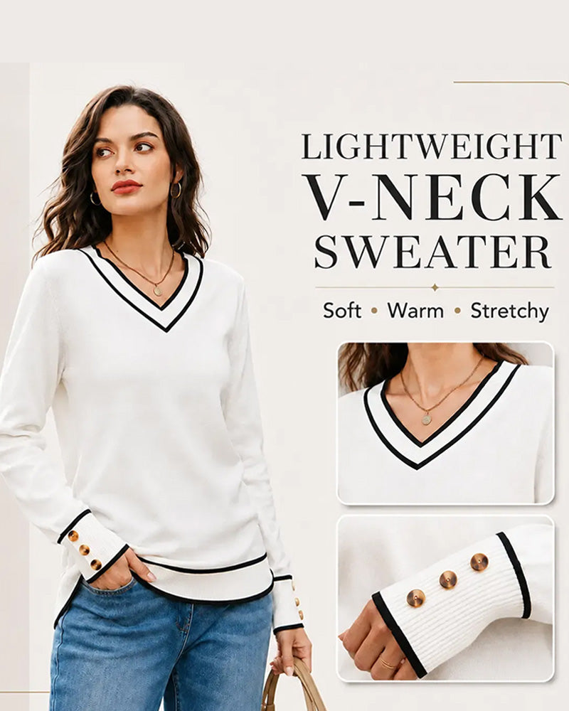 Colorblock V-Neck Trim Button Pullover