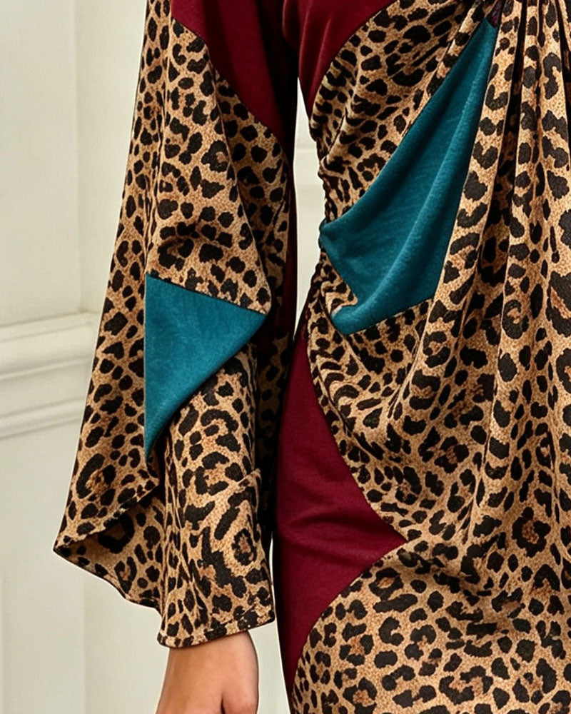 V-Neck Metal Button Leopard Print Contrast Color Dress