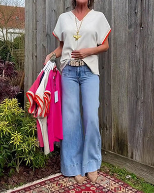 Loose V-Neck Color-Block T-Shirt