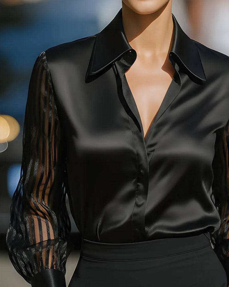 Solid Color Lapel Patchwork Long Sleeve Shirt