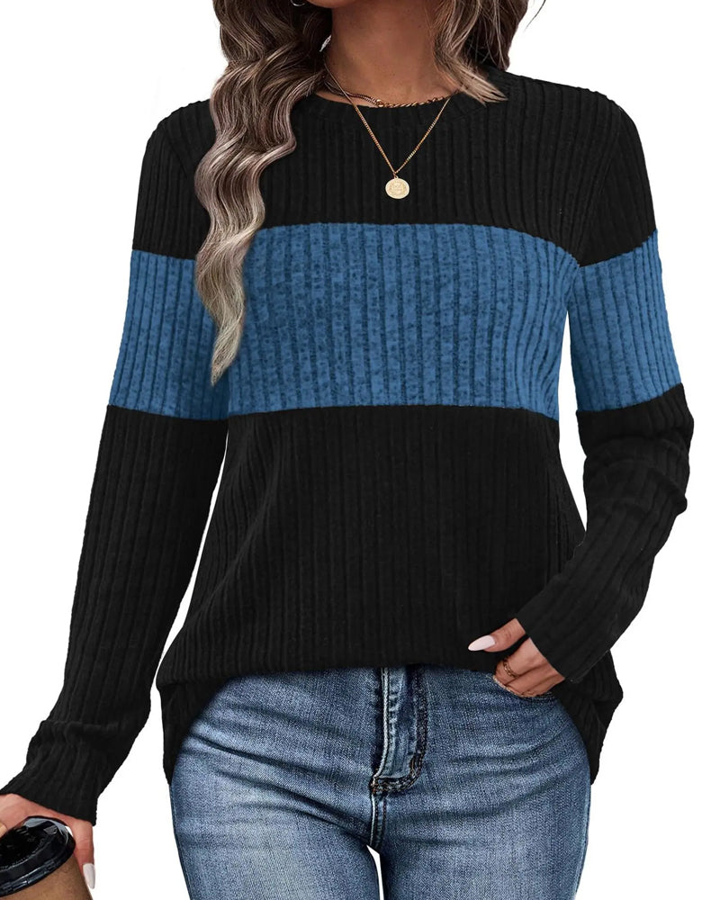 Round Neck Ribbed Contrasting Color Top