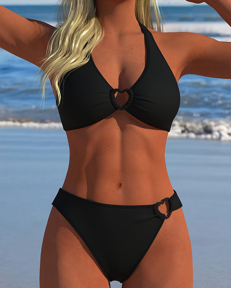 Halter Heart Buckle Solid Color Bikini