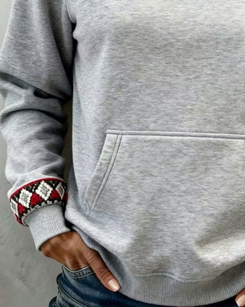 Crew Neck Argyle Color Block Pocket Sweatshirt