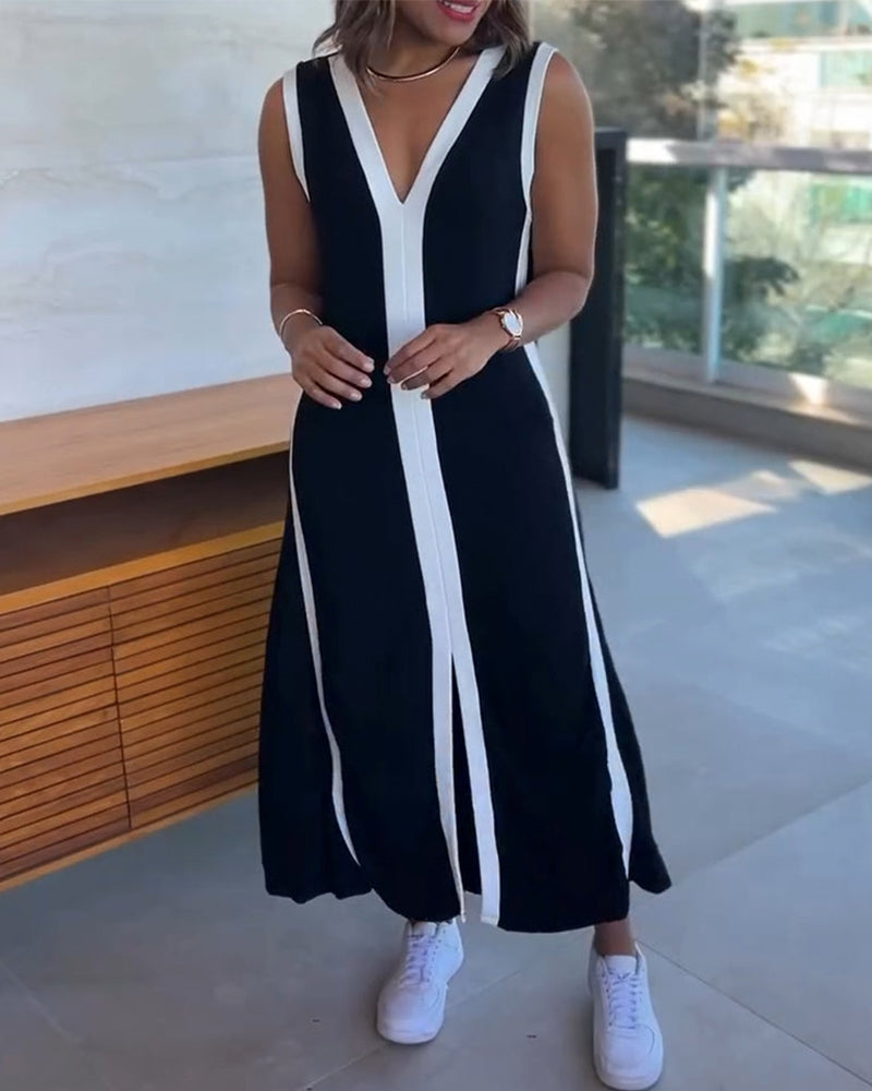 Color-Blocked Sleeveless Slit Maxi Dress