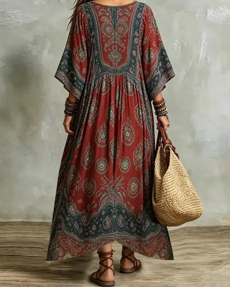Vintage Bohemian V-neck Printed Maxi Dress