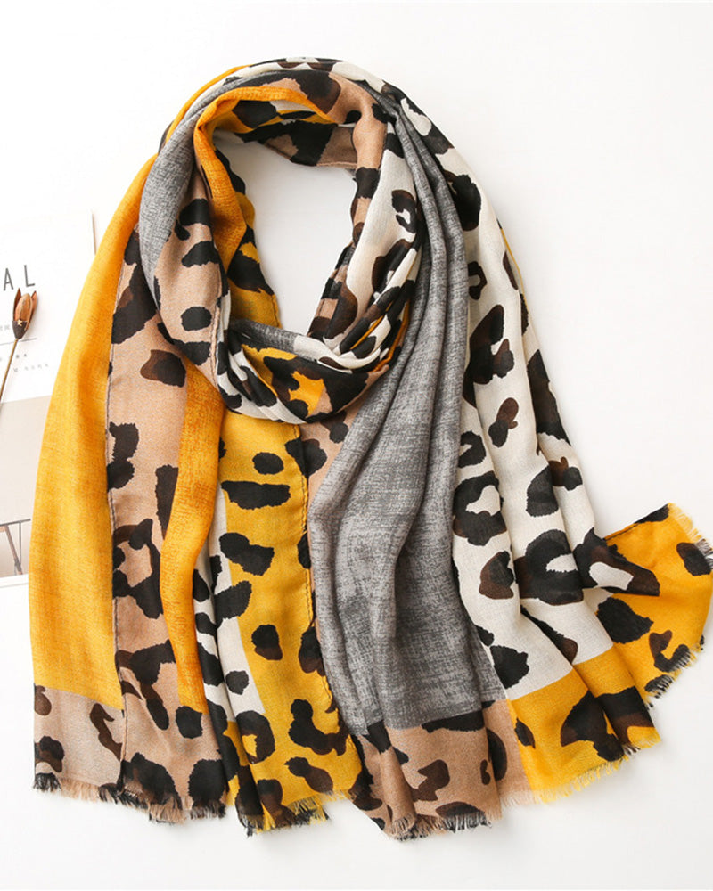 Women's Leopard Patchwork Print Fringe Shawl Scarf