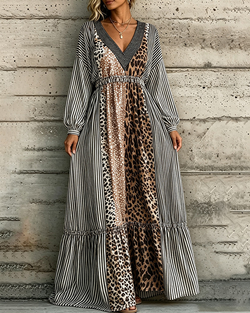 V-Neck Striped Leopard Print Patchwork Dress