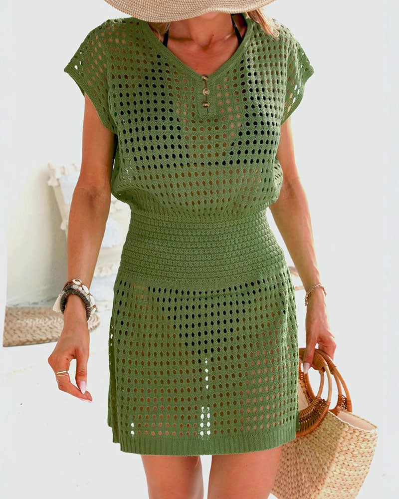 Solid Hollow Out Cinched Waist Crochet Cover Up