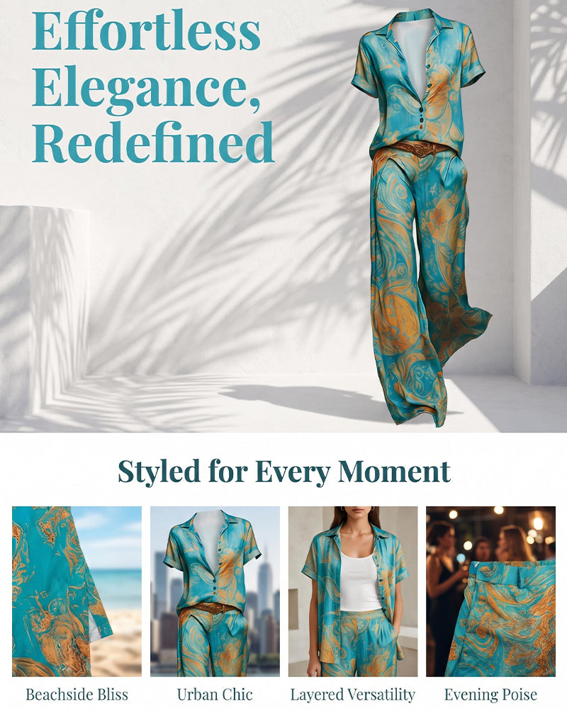 Holiday Short Sleeve Blouse Pocket Two-Piece Set