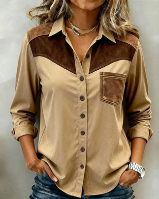 Splicing Lapel Long Sleeve Shirt