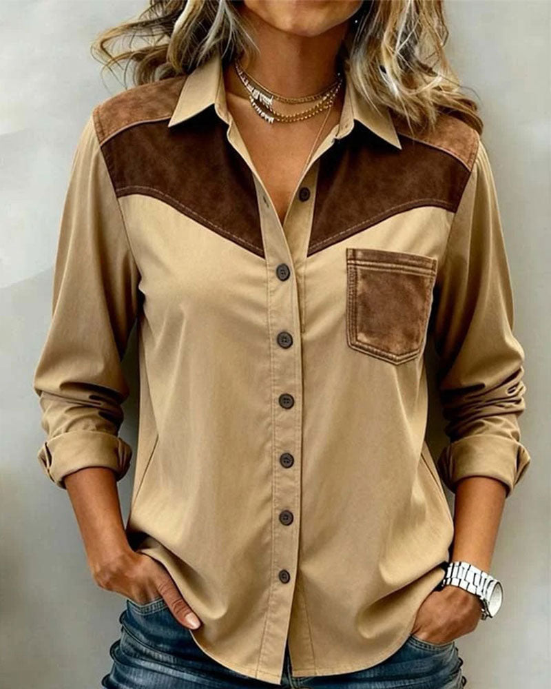 Splicing Lapel Long Sleeve Shirt