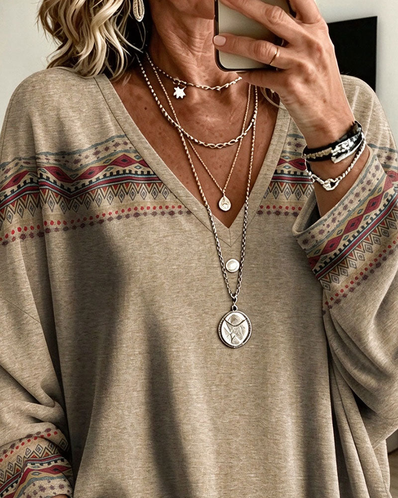 V-Neck Printed Contrasting Long-Sleeved Loose Top