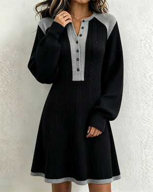 V-Neck Buttoned Contrast Sweater Dress