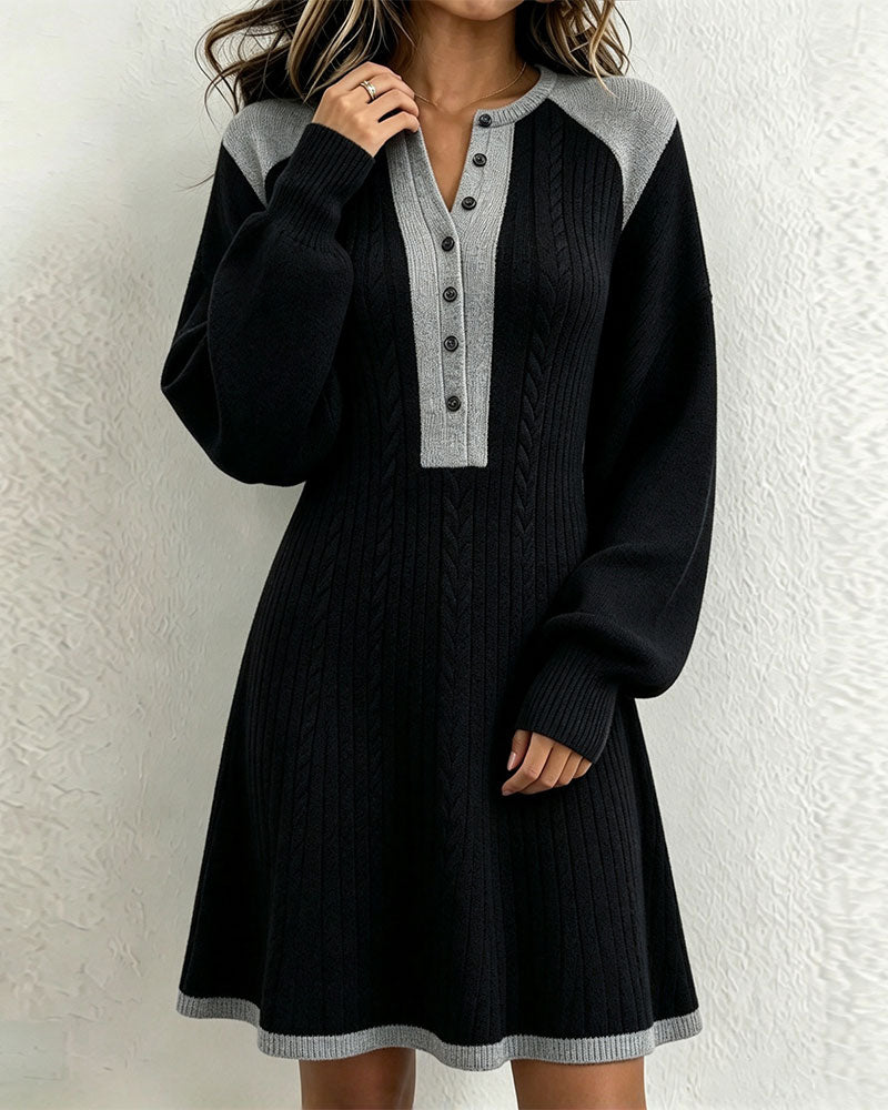 V-Neck Buttoned Contrast Sweater Dress