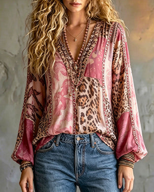 V-Neck Leopard Print Color Block Lantern Sleeve Blouse