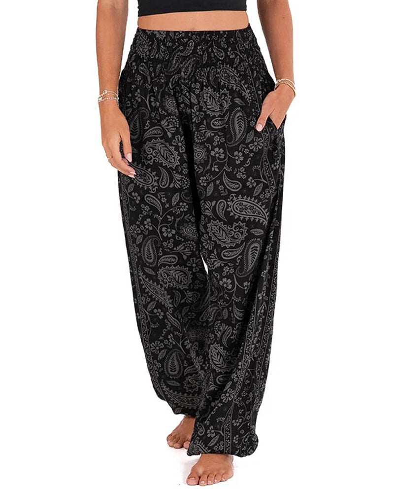 Printed Ethnic Style Pocket Wide-Leg Trousers