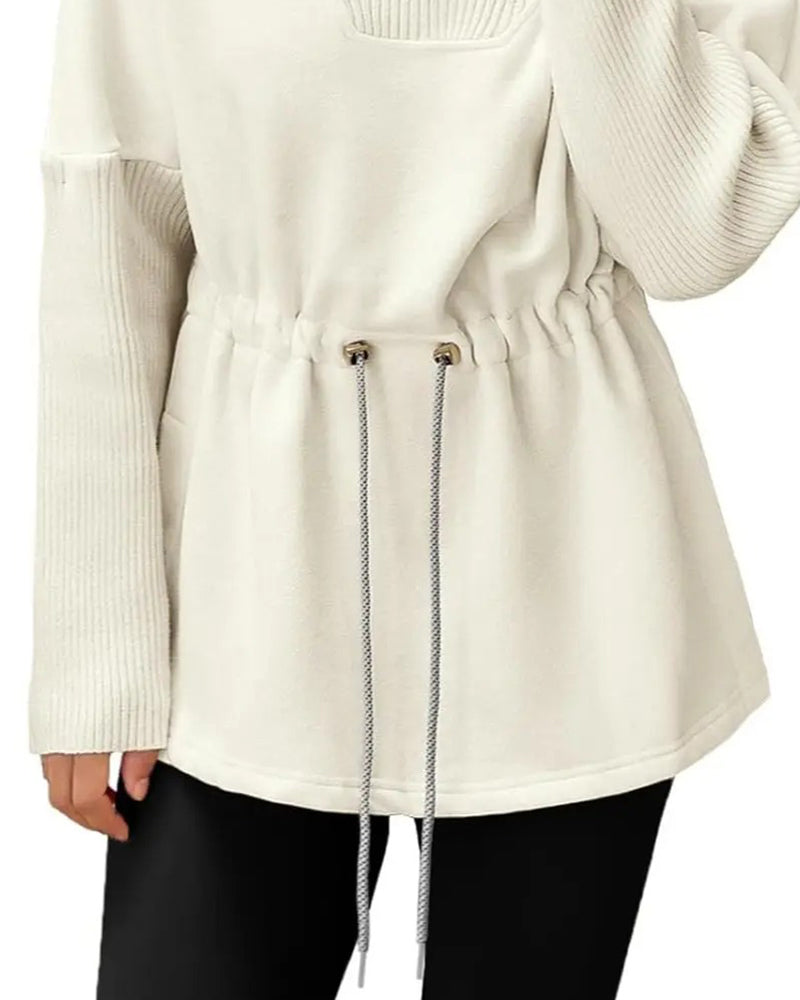High Collar Long Sleeve Waist Drawstring Sweatshirt