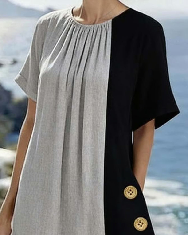 Contrast Color Round Neck Casual Long Dress