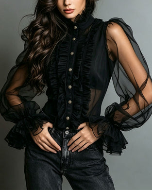 Button Ruffle Trendy Blouse
