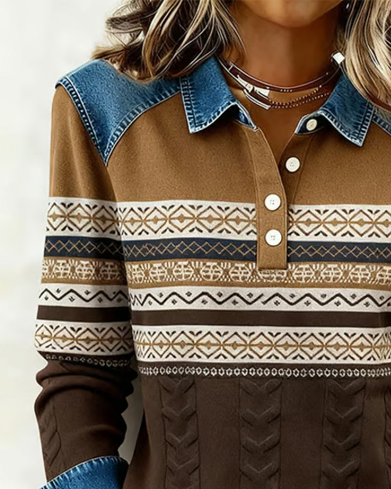 Button-Down Collar Color-Blocked Sweatshirt