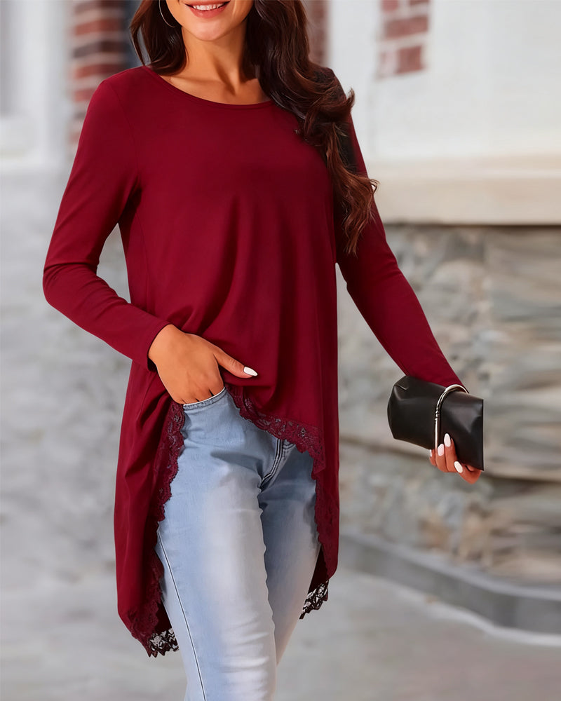 Irregular Long-Sleeved Mesh Patchwork Top