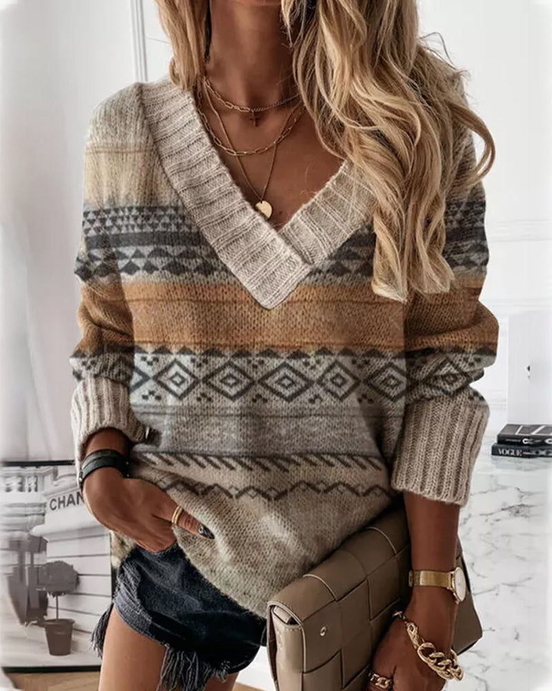 Geometric print V-neck long-sleeve sweater