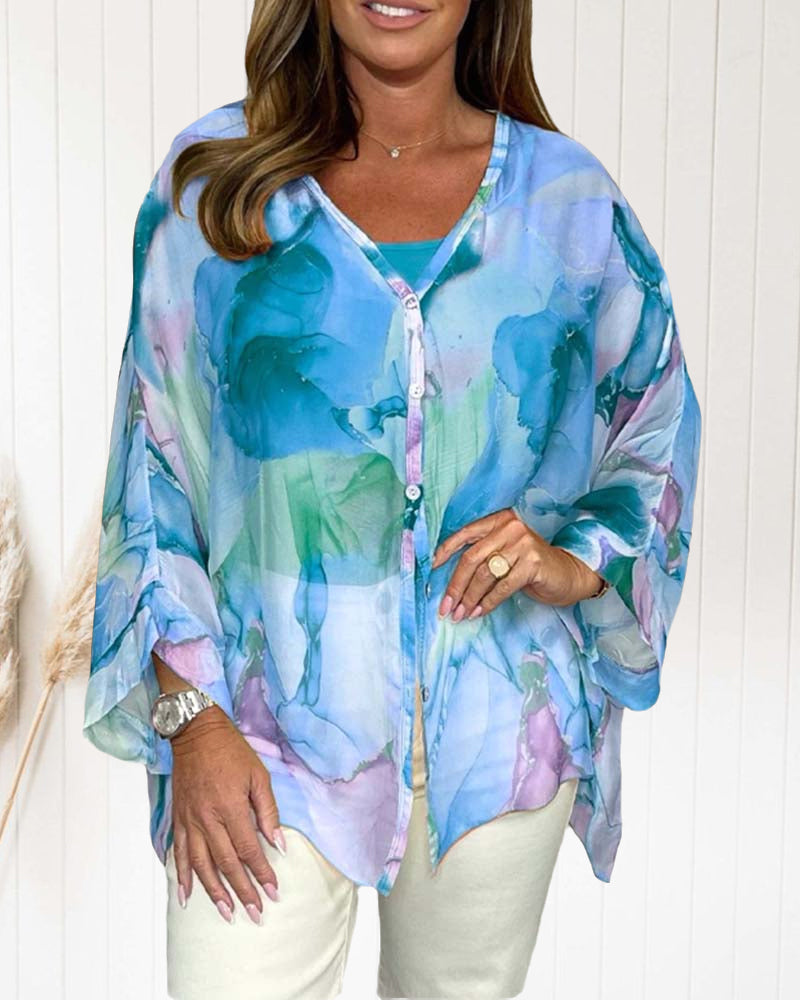Casual printed V-neck long sleeve blouse