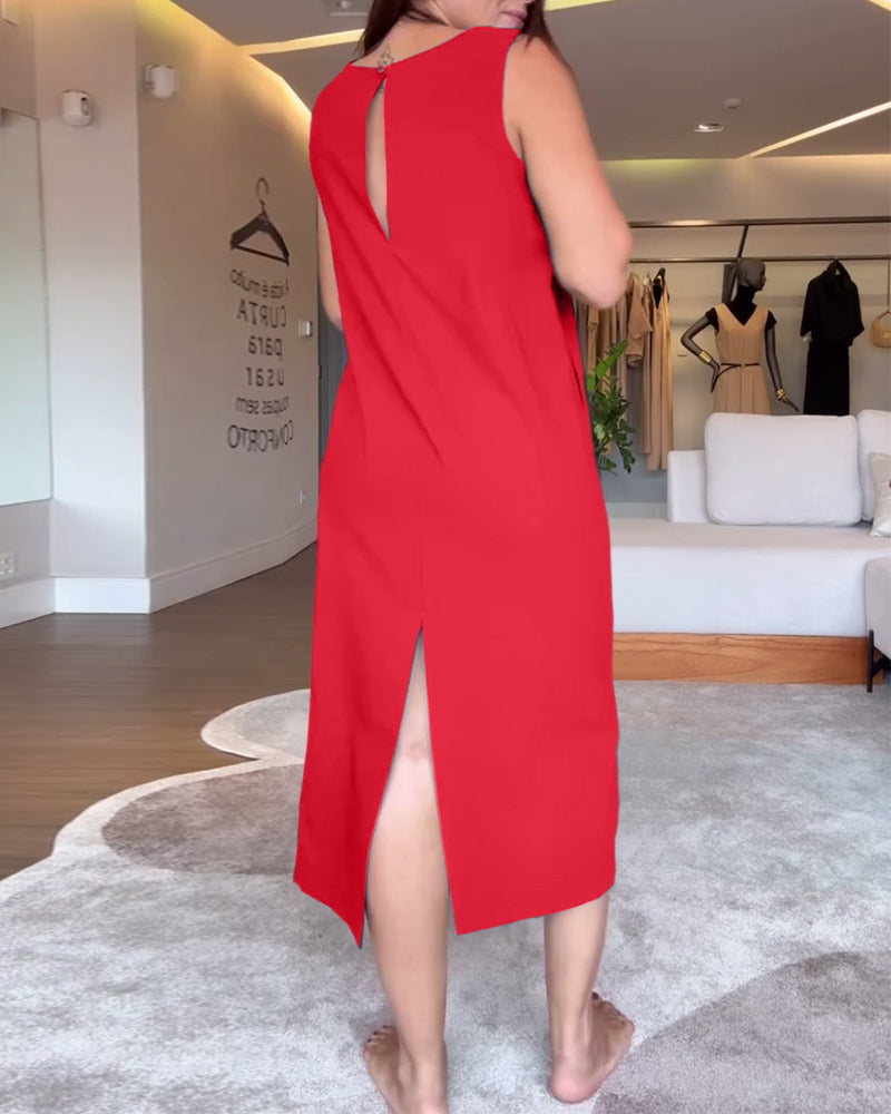 Aumora Casual V-neck Sleeveless Solid Color Split Dress