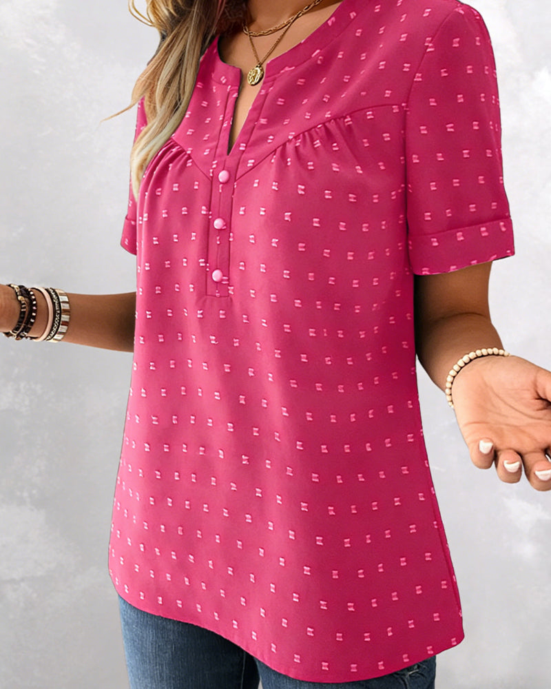 Jacquard V-Neck Half-Placket Short Sleeve Blouse