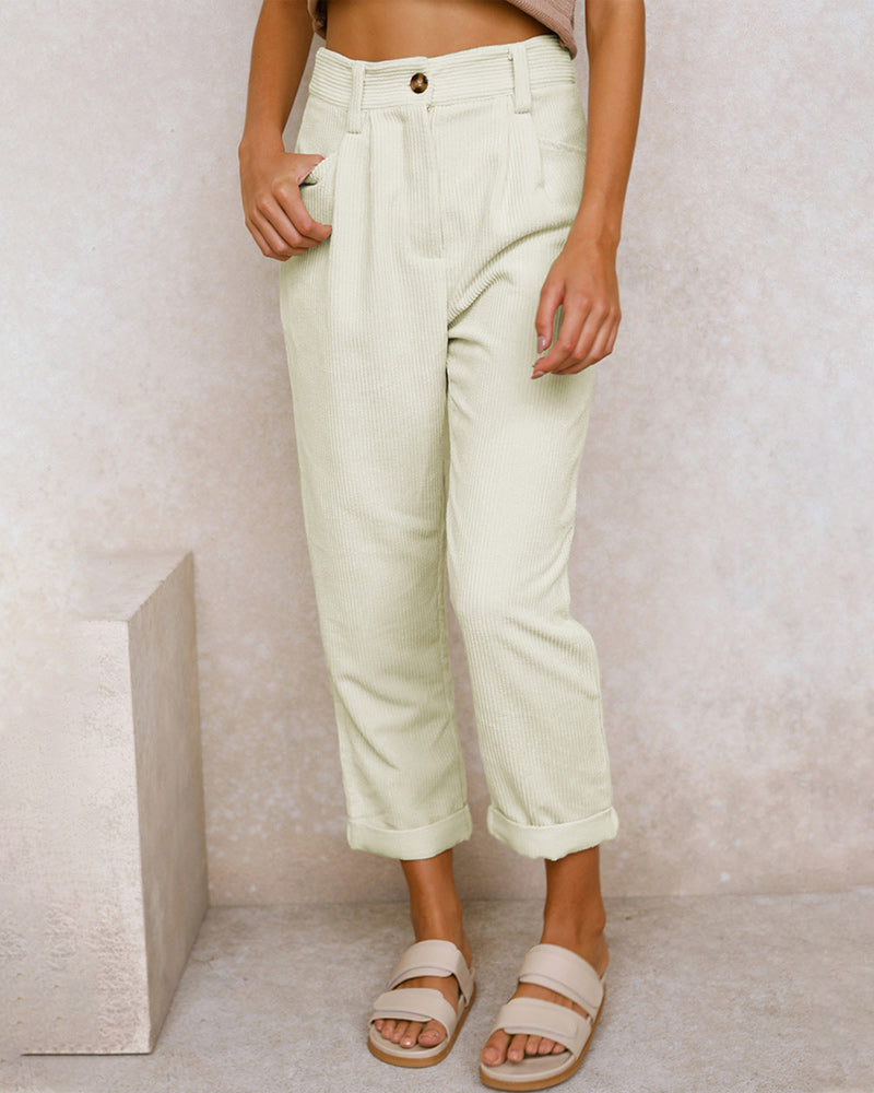 Solid Straight Trousers with High Waist