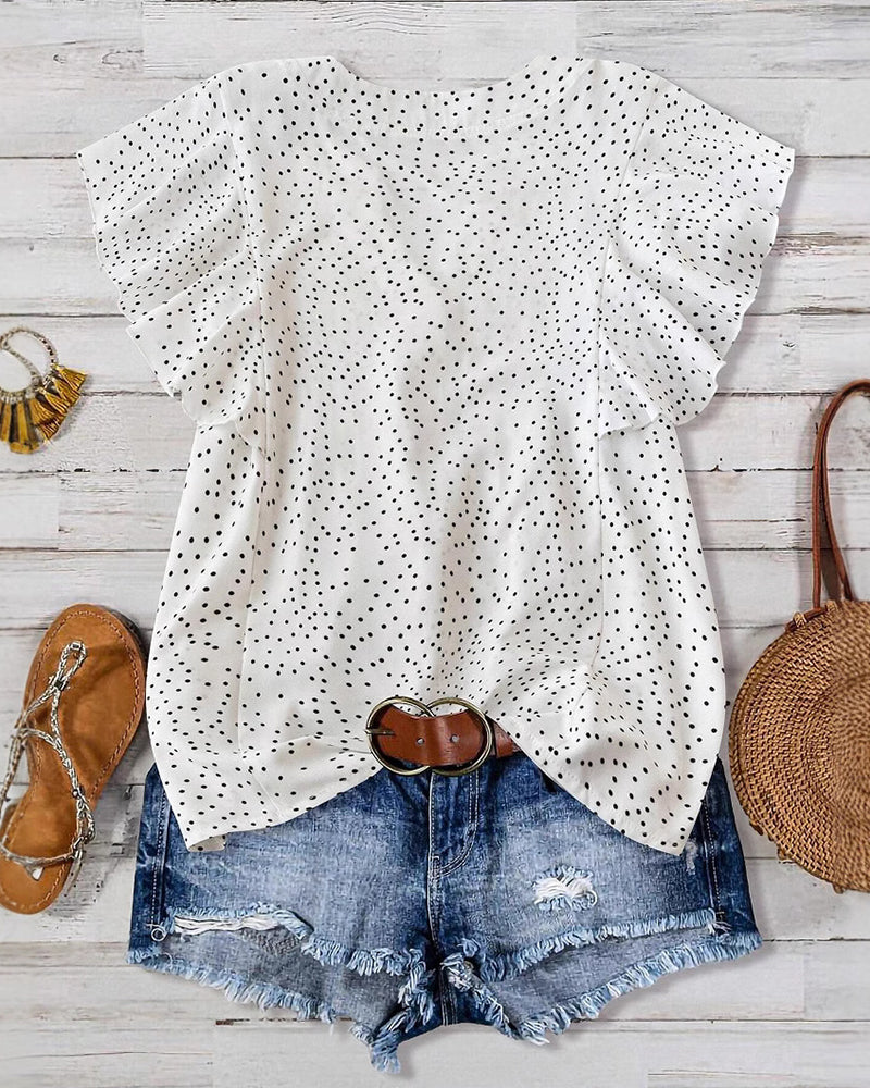 Ruffle Sleeve V-Neck Polka Dot Blouse