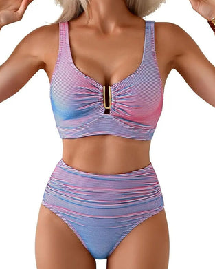 High-Waisted Striped Button Bikini