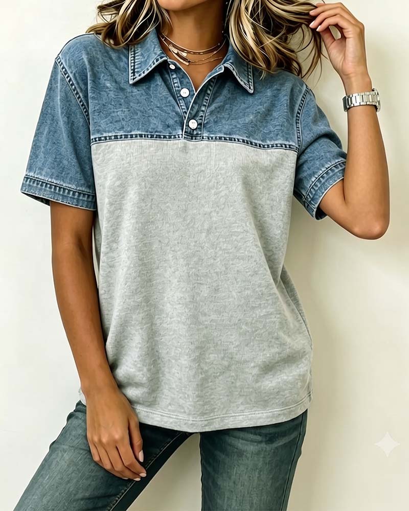Short Sleeve Shirt Collar Denim Patchwork Blouse