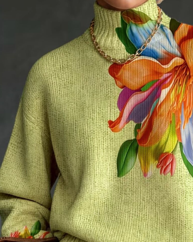 Turtleneck Floral Contrast Long-Sleeve Pullover